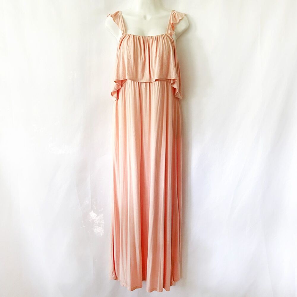 H&M MAMA Long Jersey Maternity Dress (L) in Apricot Ruffle Shoulder Flounce Maxi - Picture 2 of 14